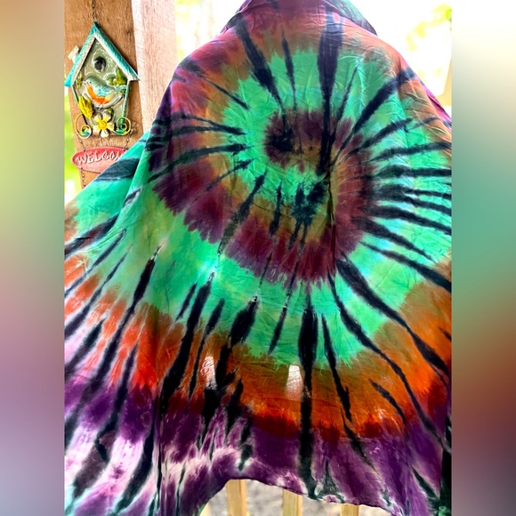 Accessories - Vibrant Boho Large Fringed Colorful Tie-Dye Angled Design Wrap /Sarong/Scarf